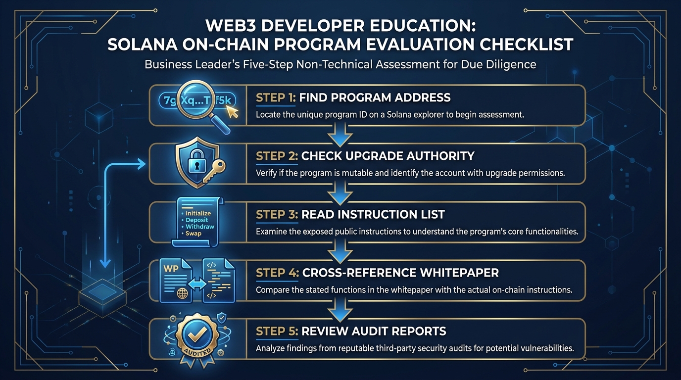 Annotated screenshot-style illustration of a Solana program's instruction list showing how to identify what a program can do, what accounts it touches, and what authority constraints protect users