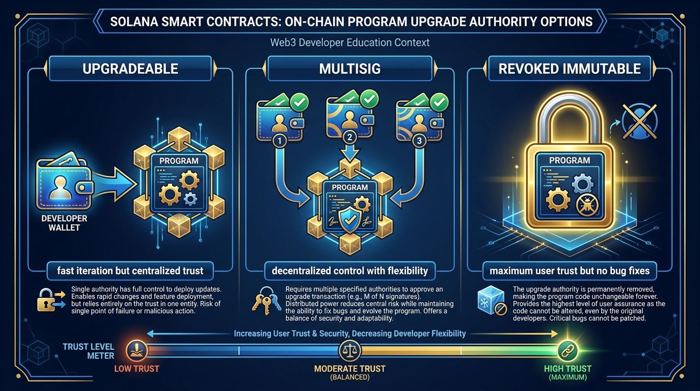 Three-column diagram showing upgrade authority options — upgradeable (developer controls), multisig (DAO/committee controls), and revoked (immutable forever) — with labeled pros, cons, and trust implications for each