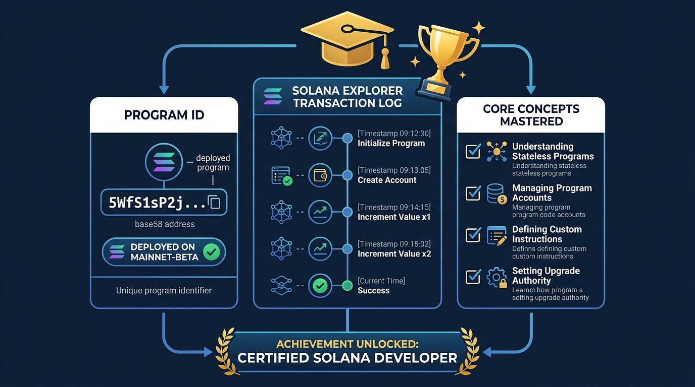 Summary illustration showing three key outputs from the activity — a Program ID card, a transaction log timeline on Solana Explorer, and a checkmark list of concepts understood (stateless programs, accounts, instructions, upgrade authority)