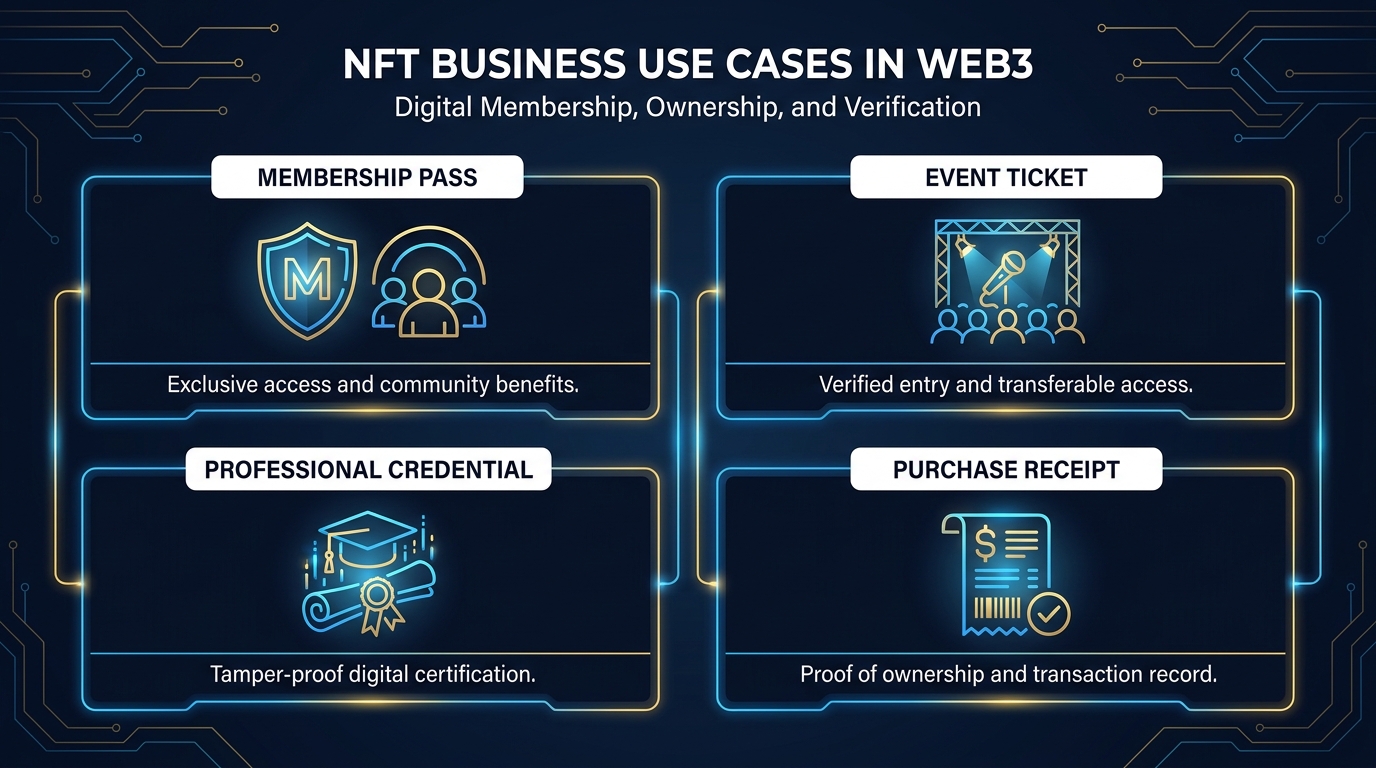 Four-panel infographic showing NFT use cases: membership passes, event tickets, professional credentials, and purchase receipts, each with real-world business examples