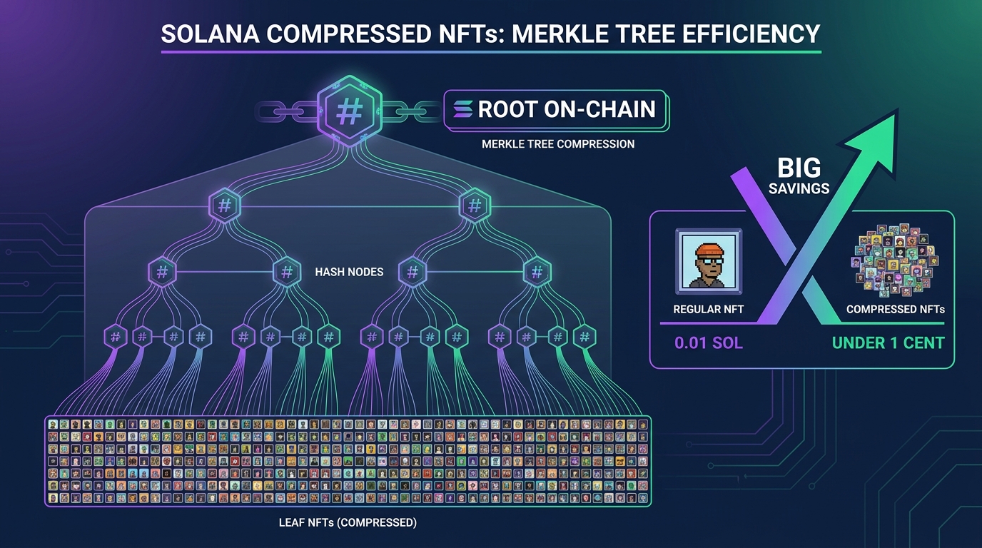 Diagram of a compressed NFT collection stored as a Merkle tree, contrasting per-NFT rent for standard NFTs with fraction-of-a-cent minting for compressed NFTs read via an indexer