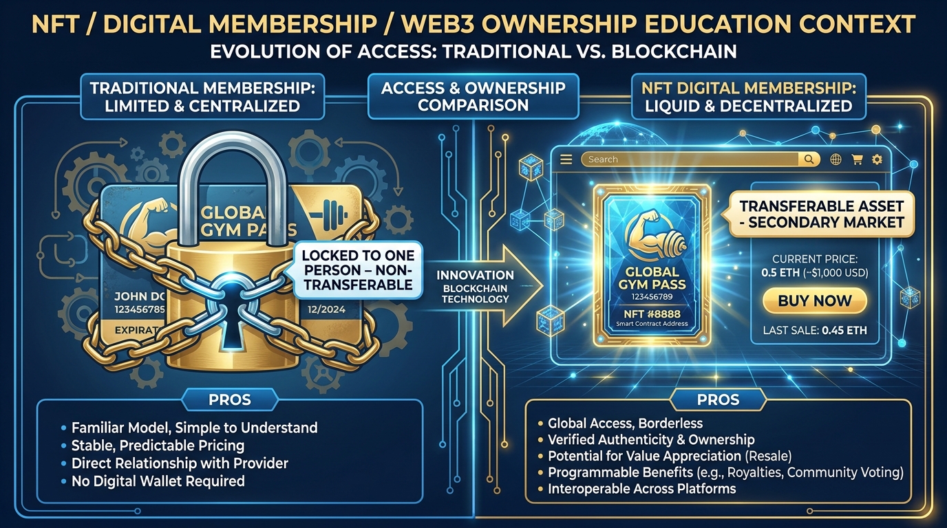 Split illustration showing traditional gym membership locked to one person on the left versus NFT gym membership as a transferable asset on a marketplace on the right, with pros and cons labeled
