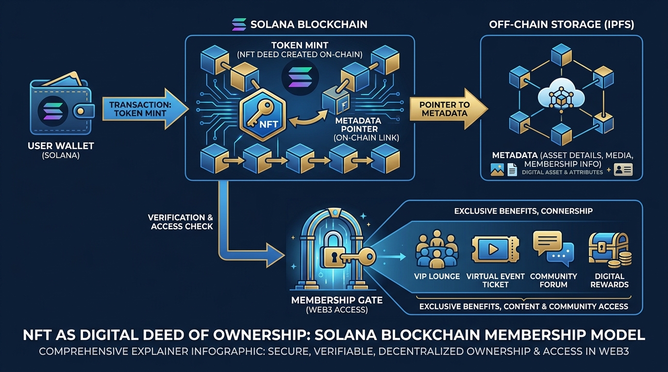 Comprehensive infographic summarizing NFTs as ownership deeds, Metaplex metadata standards, membership tiers, royalties, and secondary markets on Solana