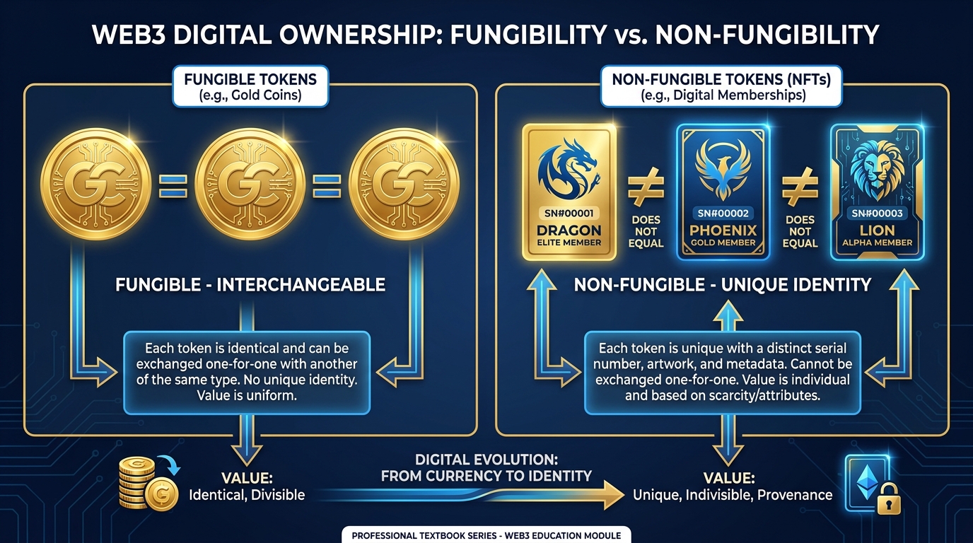 Side-by-side comparison diagram showing fungible tokens as identical interchangeable coins versus non-fungible tokens as unique distinct deeds with serial numbers