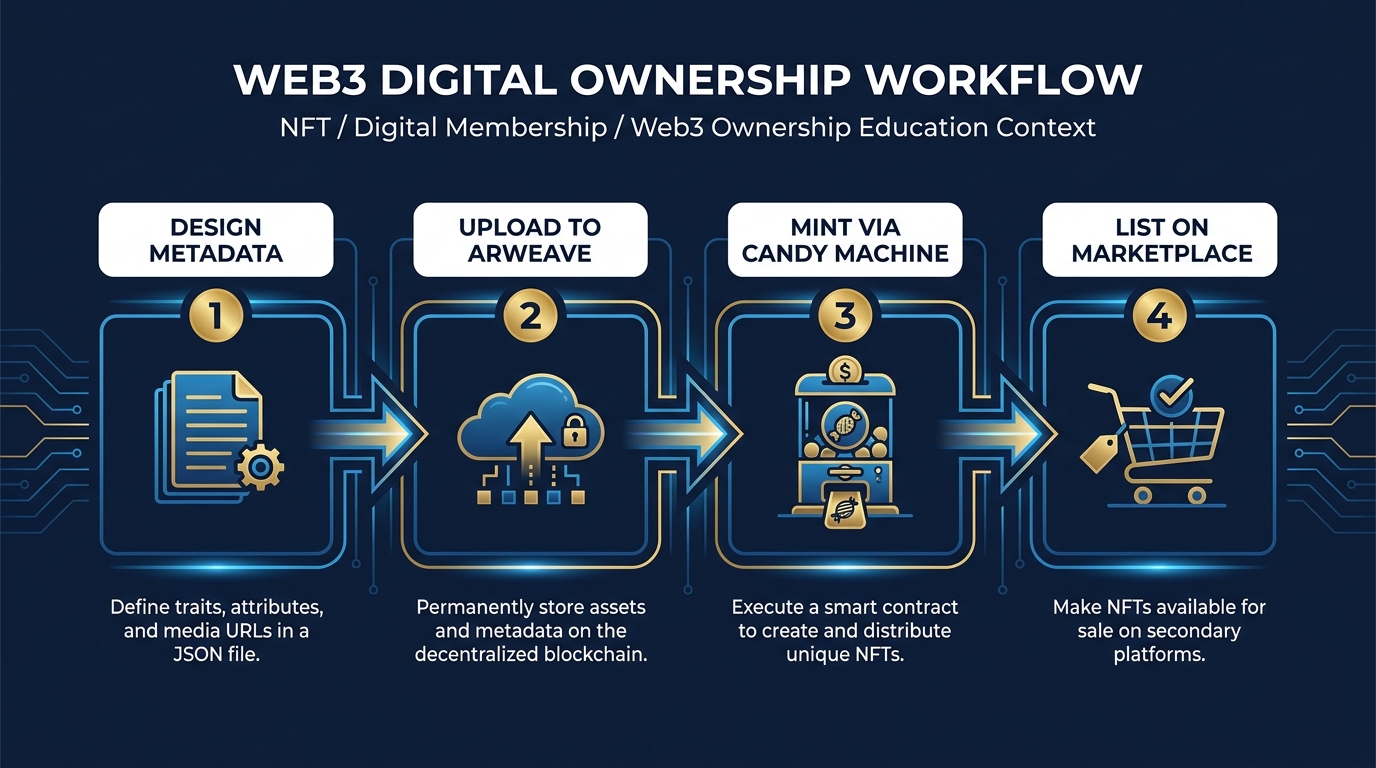 Step-by-step workflow diagram showing four stages of the lab: design metadata, upload to Arweave via Sugar, mint via Candy Machine, connect to token gate and list on marketplace