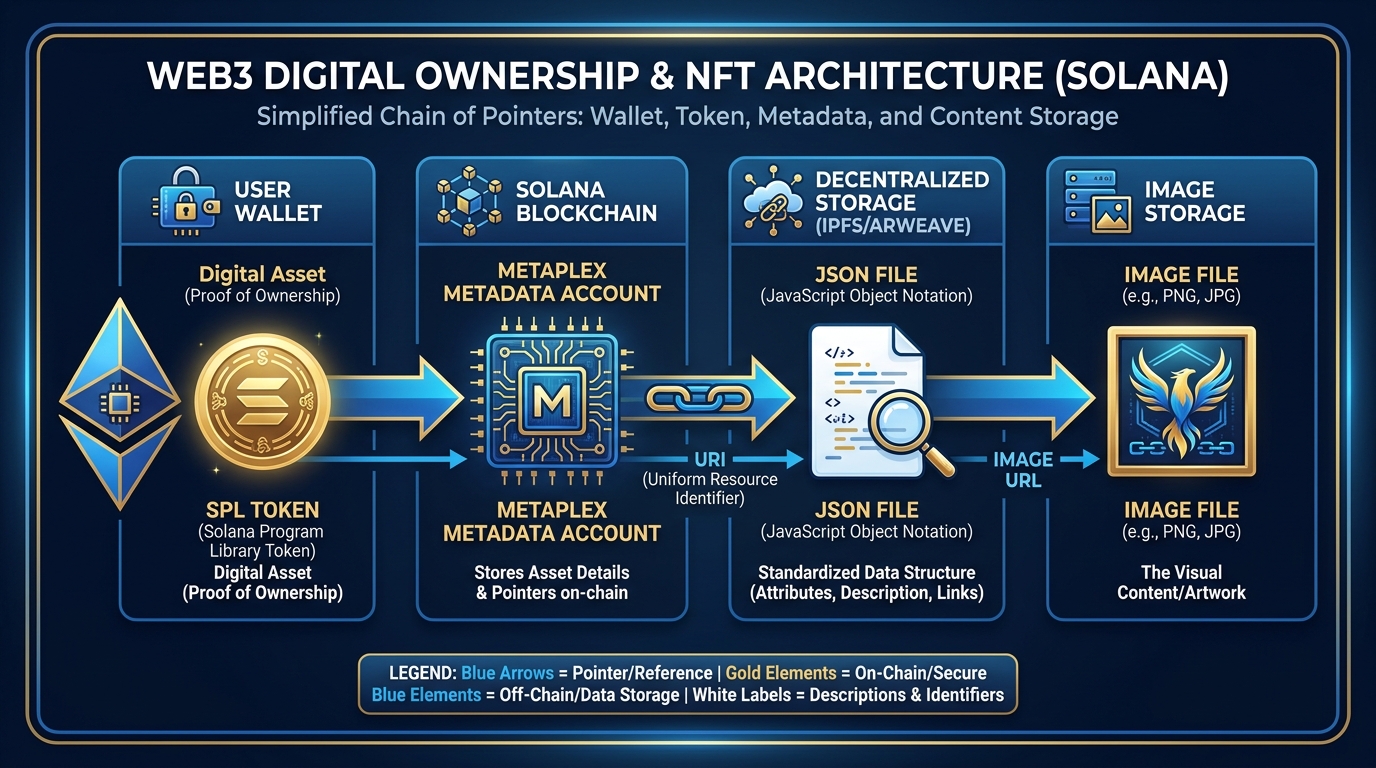 Architecture diagram showing the chain of pointers from wallet to SPL token to Metaplex metadata account to IPFS JSON file to image storage, with labels at each layer