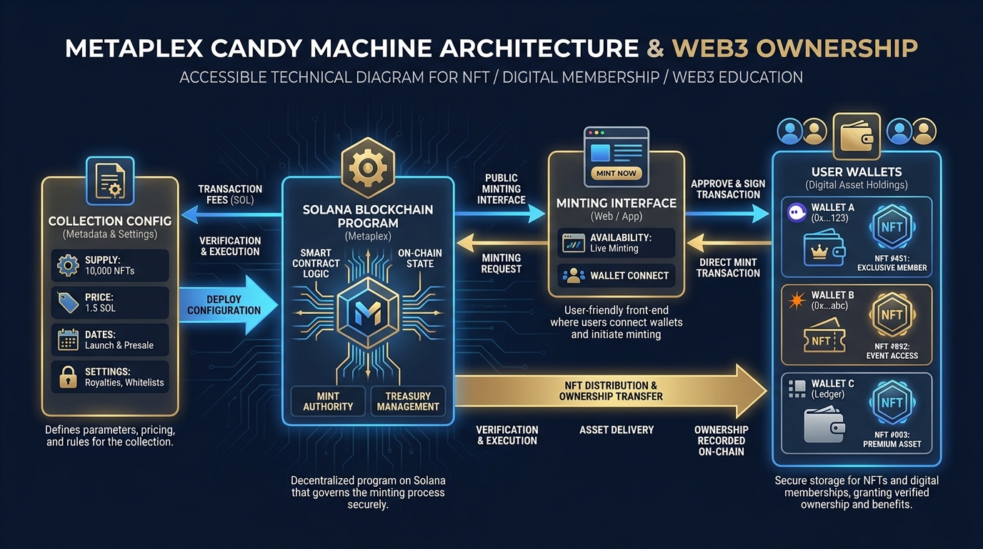 Metaplex Candy Machine architecture diagram showing collection config, Solana program, minting interface, and user wallets