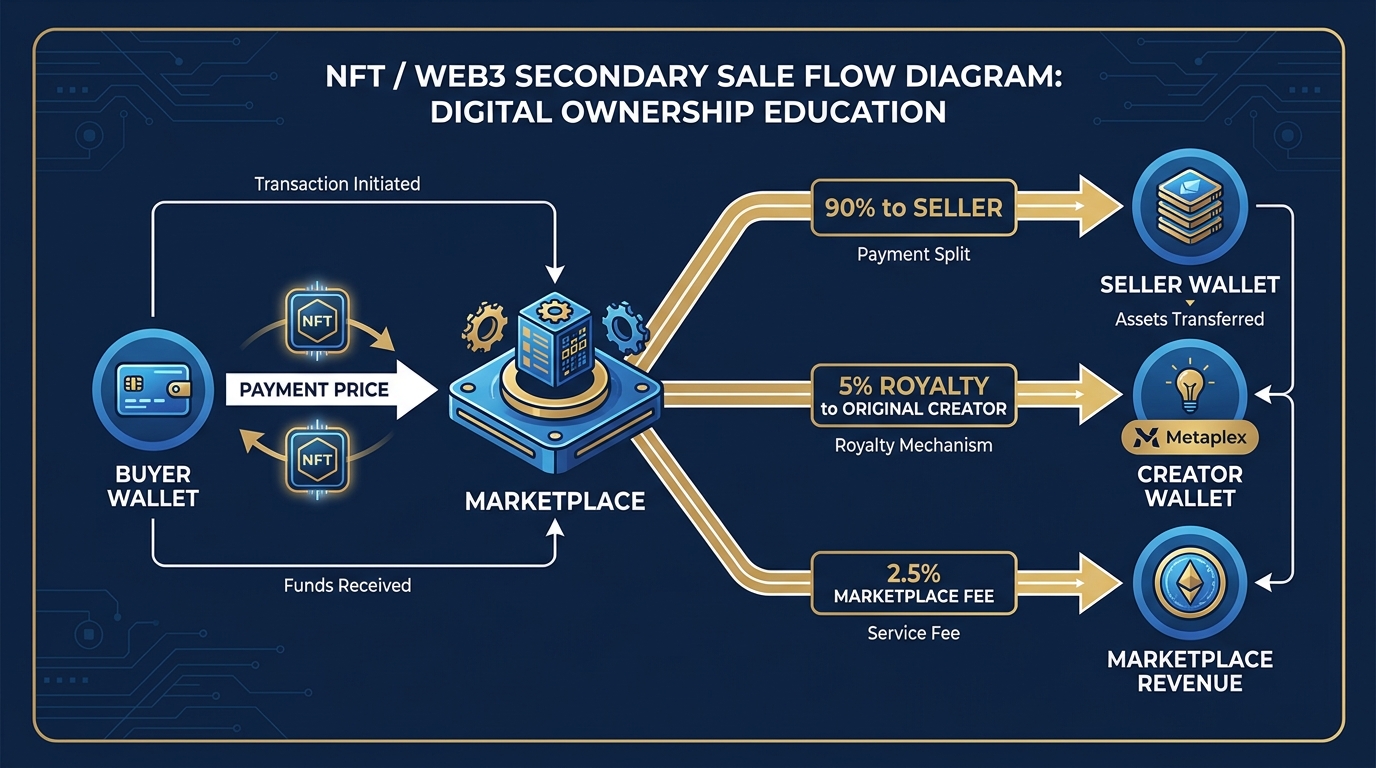 Flow diagram showing NFT secondary sale price split into royalty percentage going back to creator and net amount going to seller, with marketplace fee also deducted, labeled percentages and arrows