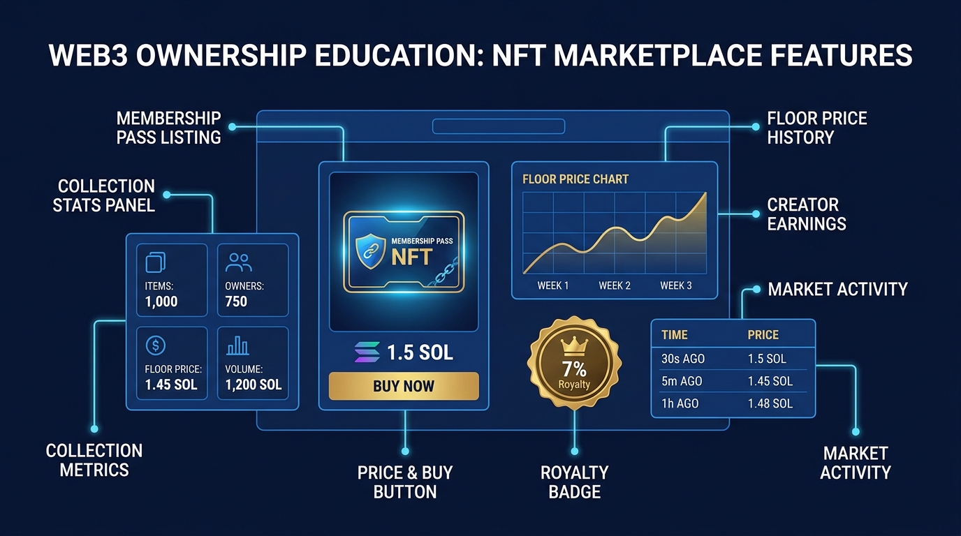 Marketplace interface diagram showing NFT membership pass listing price secondary sale flow with buy now offer and royalty distribution breakdown