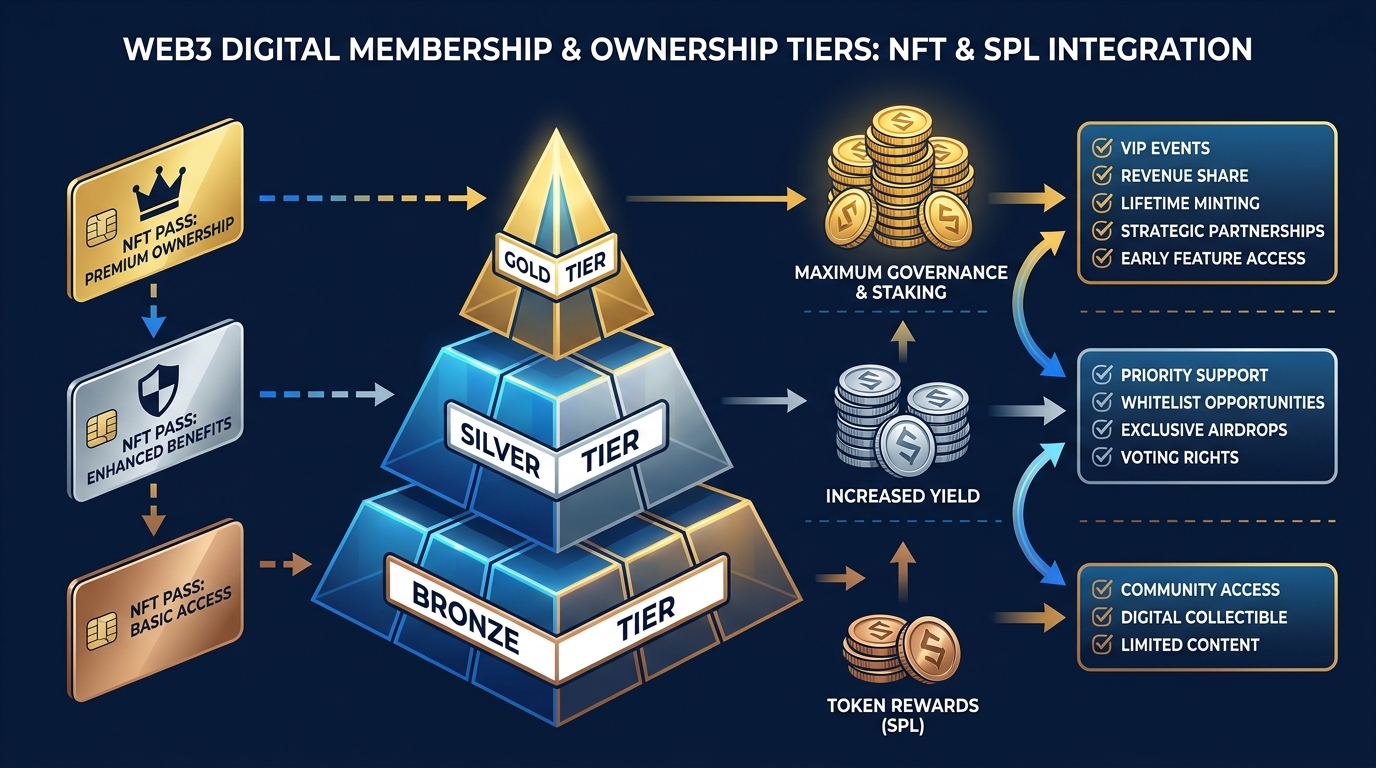 Three-tier pyramid diagram showing Bronze Silver Gold membership NFT passes on left connecting to SPL token flows in center and gated benefits on right, with escalating rewards at each tier