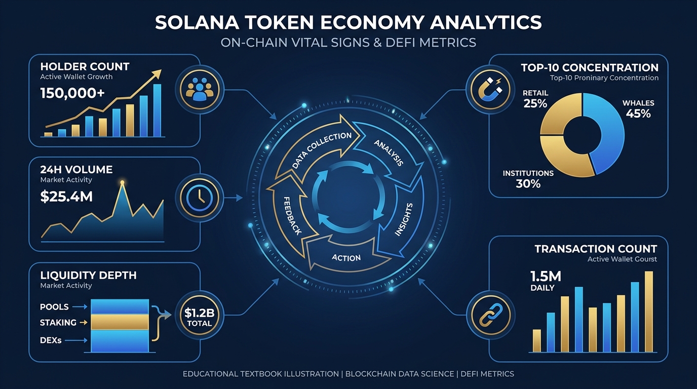 Comprehensive infographic of on-chain analytics covering holders, volume, liquidity depth, concentration, and the analytics feedback loop for Solana token economies