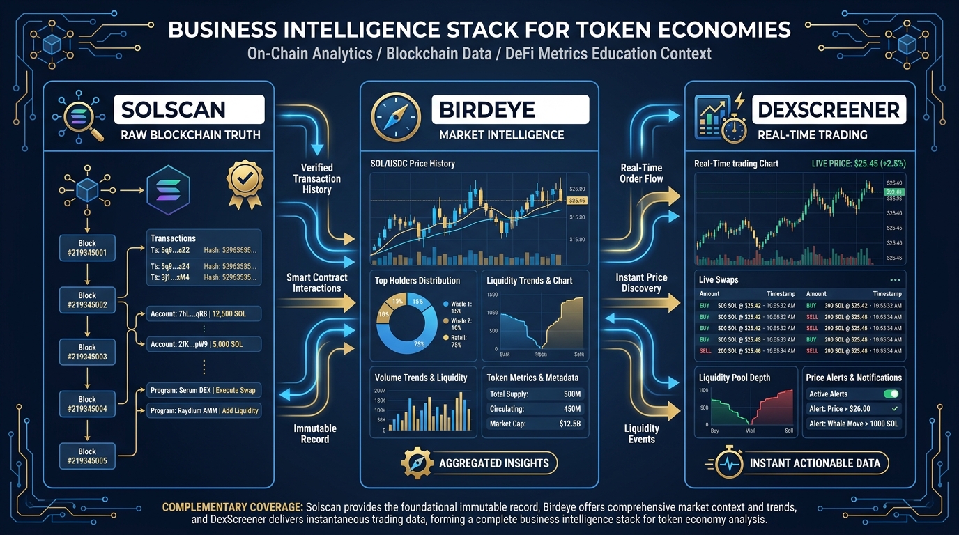 Three-panel comparison of Solscan, Birdeye, and DexScreener dashboards showing complementary data each platform provides for token economy analysis
