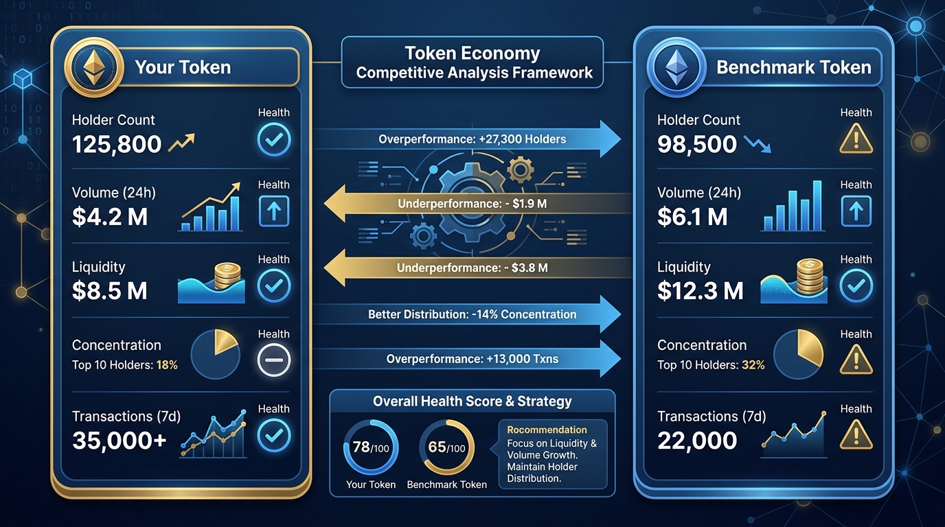 Side-by-side token comparison dashboard showing metrics for a student token versus a published reference token, with health indicators for each dimension