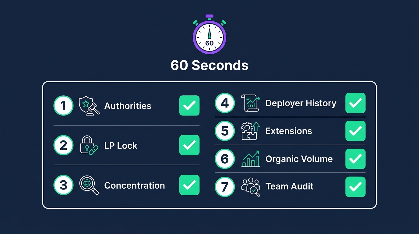 Seven-item buyer's checklist for evaluating a Solana token in sixty seconds, showing where to check mint authority, LP lock, holder concentration, deployer history, Token-2022 extensions, volume quality, and published team information