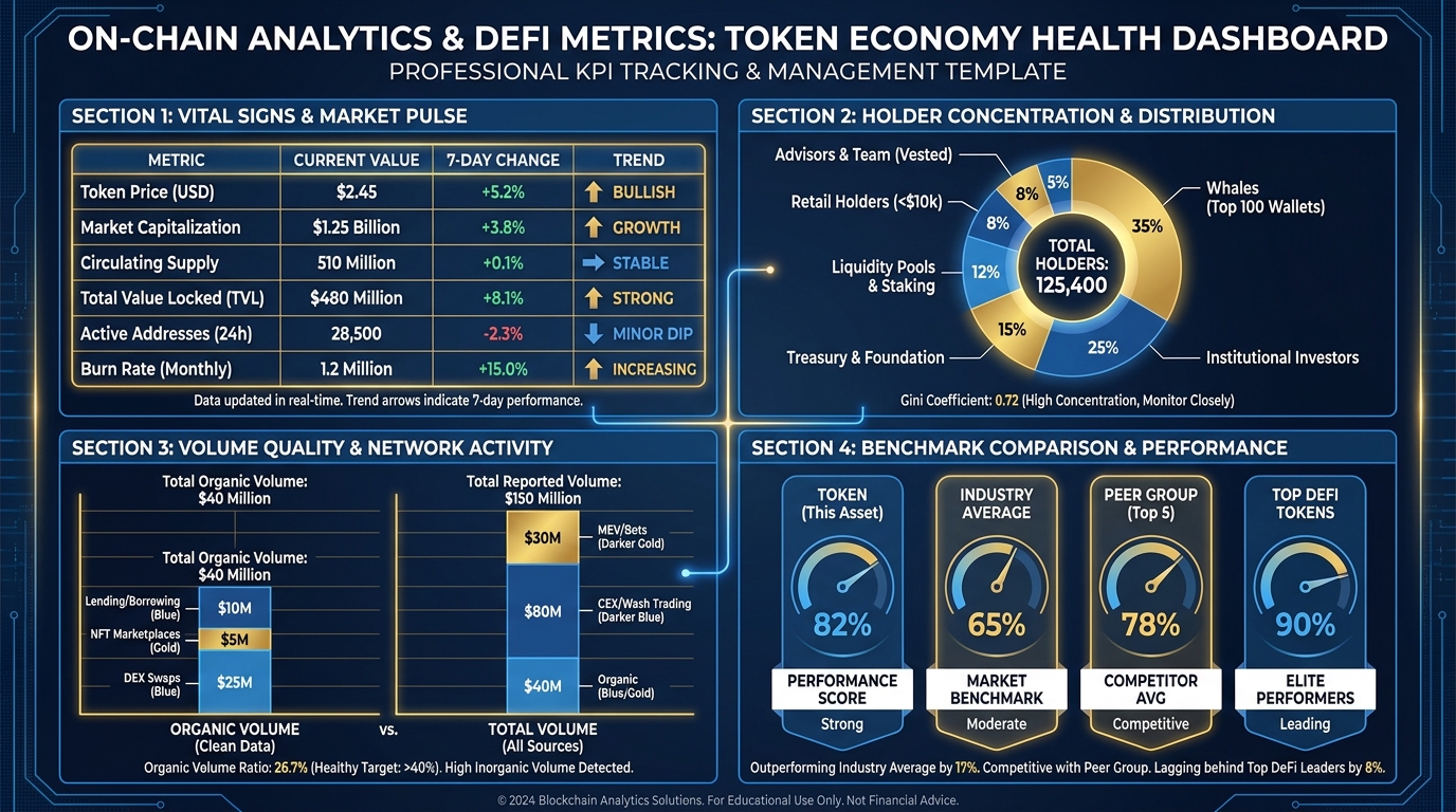 Template for a one-page token economy health dashboard with sections for vital signs, concentration analysis, volume trends, and liquidity tracking