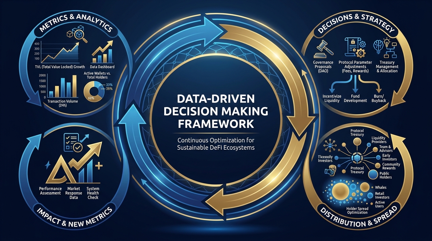 Circular diagram showing the analytics feedback loop: metrics inform decisions, decisions change distribution, changed distribution produces new metrics, cycling continuously