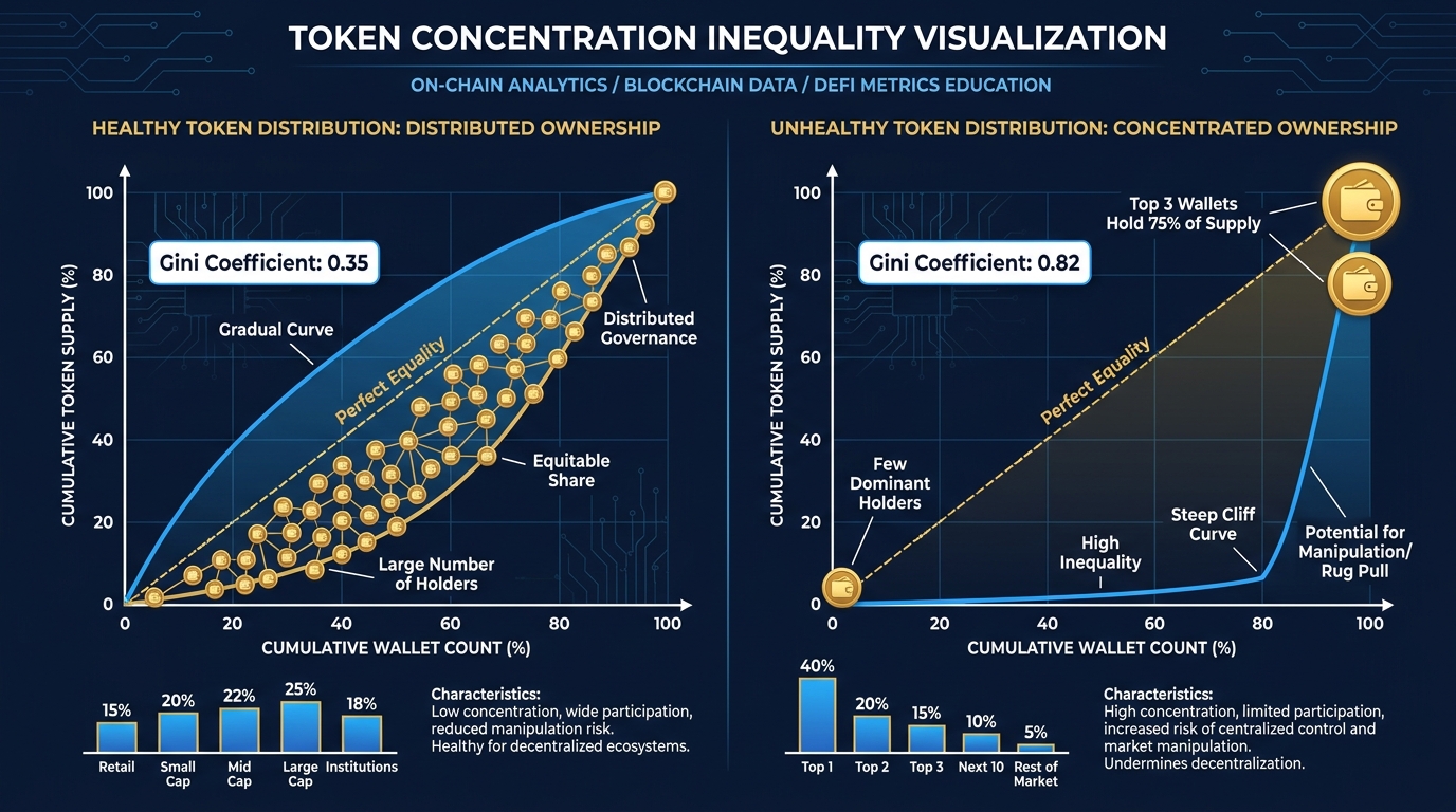 Side-by-side comparison of healthy vs unhealthy token holder distribution charts, showing Gini coefficient visualization and top-10 concentration percentages