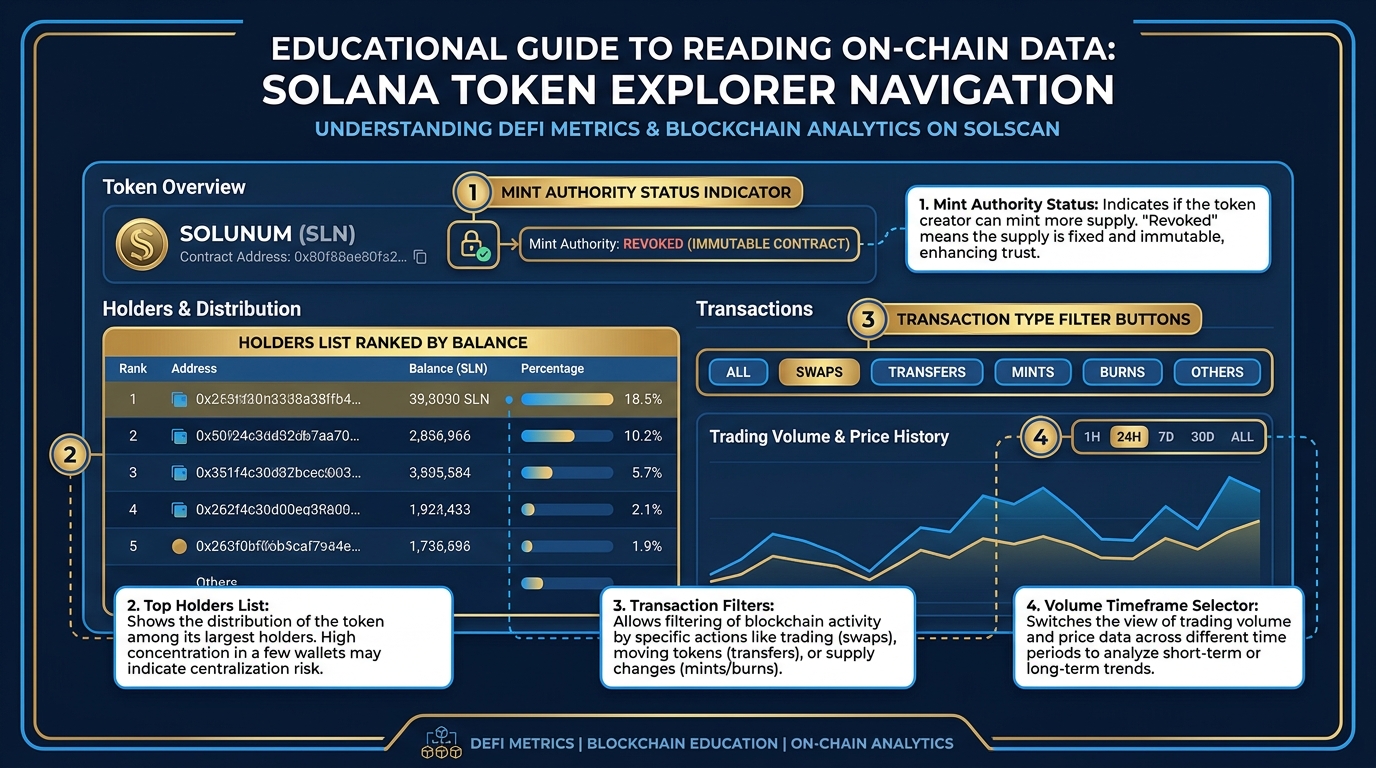Detailed Solscan token page walkthrough with annotated sections showing holder analysis, transaction investigation, and mint authority verification