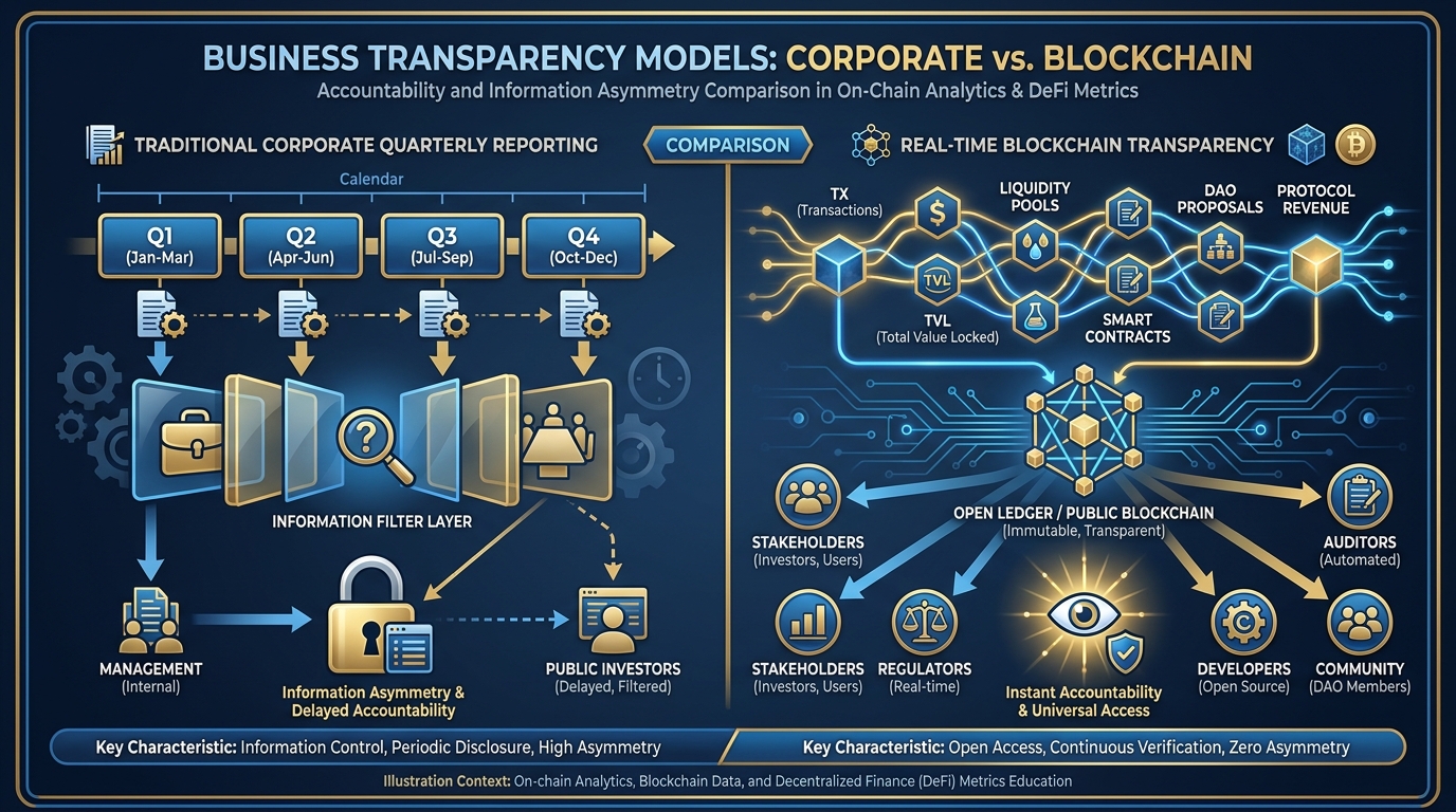 Visual comparison of traditional corporate quarterly reporting timeline versus real-time on-chain transparency with accountability differences highlighted