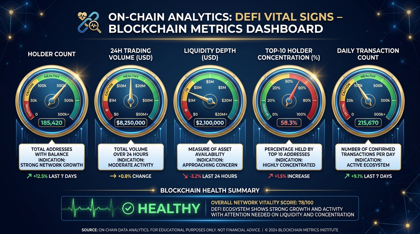 Five vital signs of a token economy displayed as medical dashboard: holder count, 24h volume, liquidity depth, top-10 concentration percentage, and transaction count