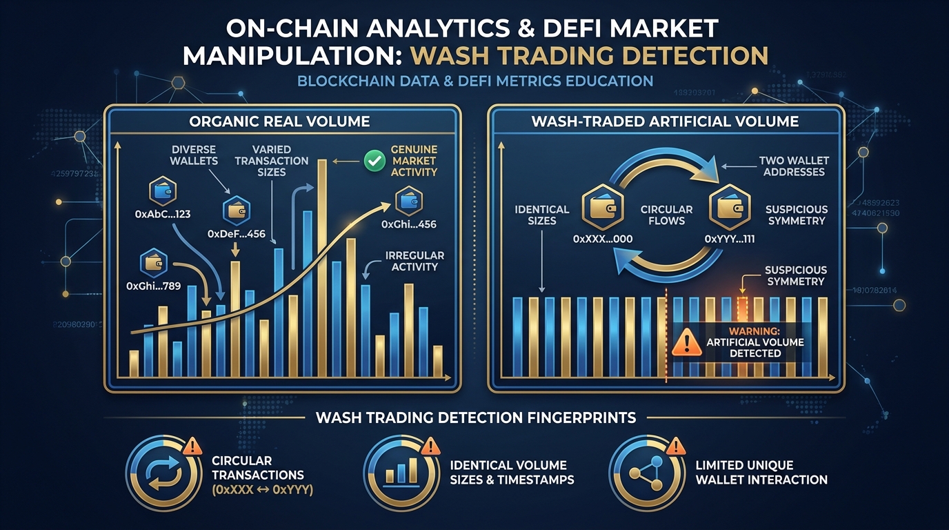 Comparison of organic vs wash-traded volume patterns over time, showing tell-tale signs of manufactured activity including symmetric buy-sell pairs and unusual transaction timing