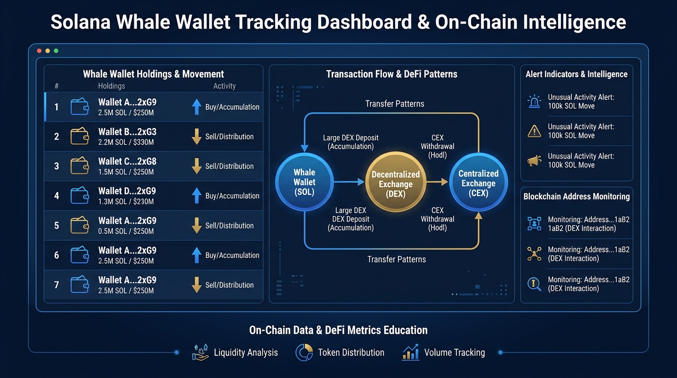 Whale tracking dashboard showing large wallet movements on Solana, with transaction flow diagram and alert indicators for unusual concentration or sell pressure