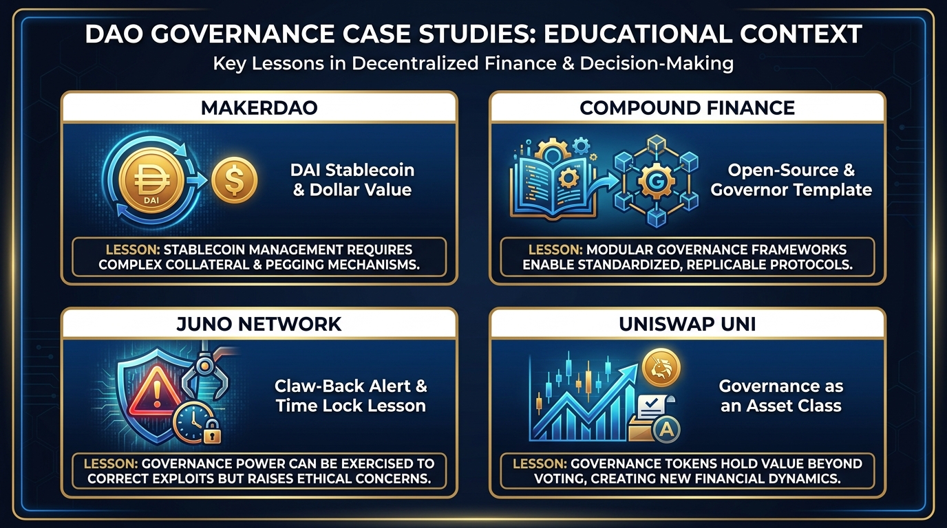 Four-panel case study cards showing MakerDAO governing DAI parameters, Compound open-sourcing Governor contracts, Juno claw-back incident with time lock lesson, and Uniswap UNI as governance-value asset