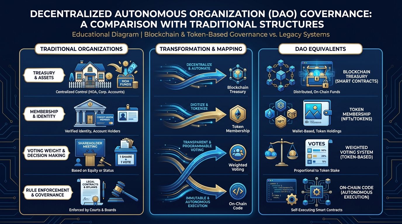 Three-column comparison infographic showing HOA, credit union, and shareholder vote on the left mapping to DAO governance equivalents on the right — treasury, membership, voting weight, rule enforcement