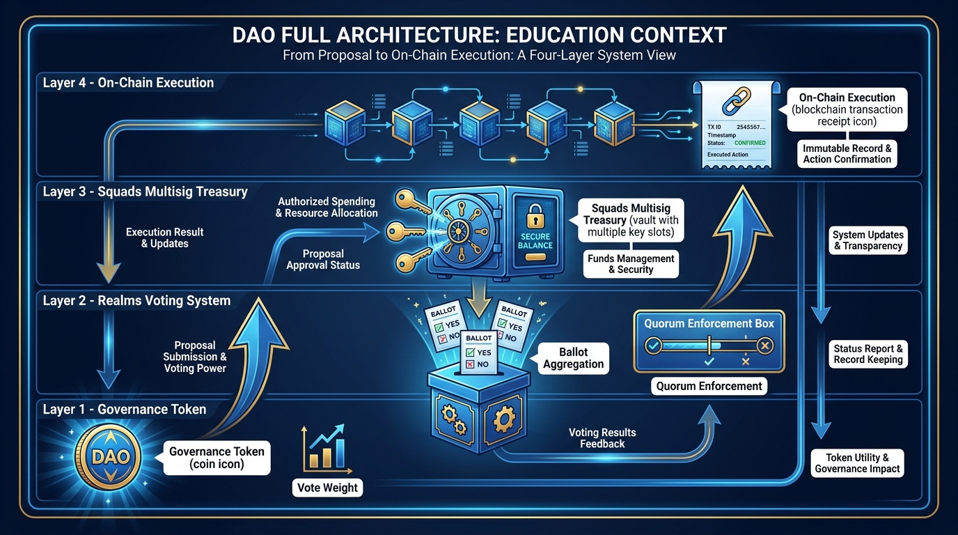 Full DAO architecture diagram showing the connection between governance token, Realms voting system, Squads multisig treasury, and on-chain execution layer — with labeled arrows showing proposal flow, vote aggregation, quorum check, and treasury transaction