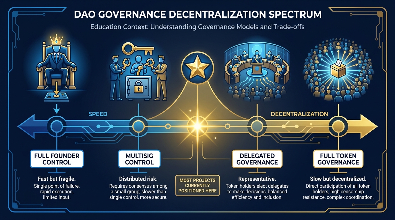 Horizontal spectrum diagram from full founder control on the left to full on-chain token governance on the right, with labeled stops at multisig control and delegated governance, showing tradeoffs of speed versus decentralization at each stage