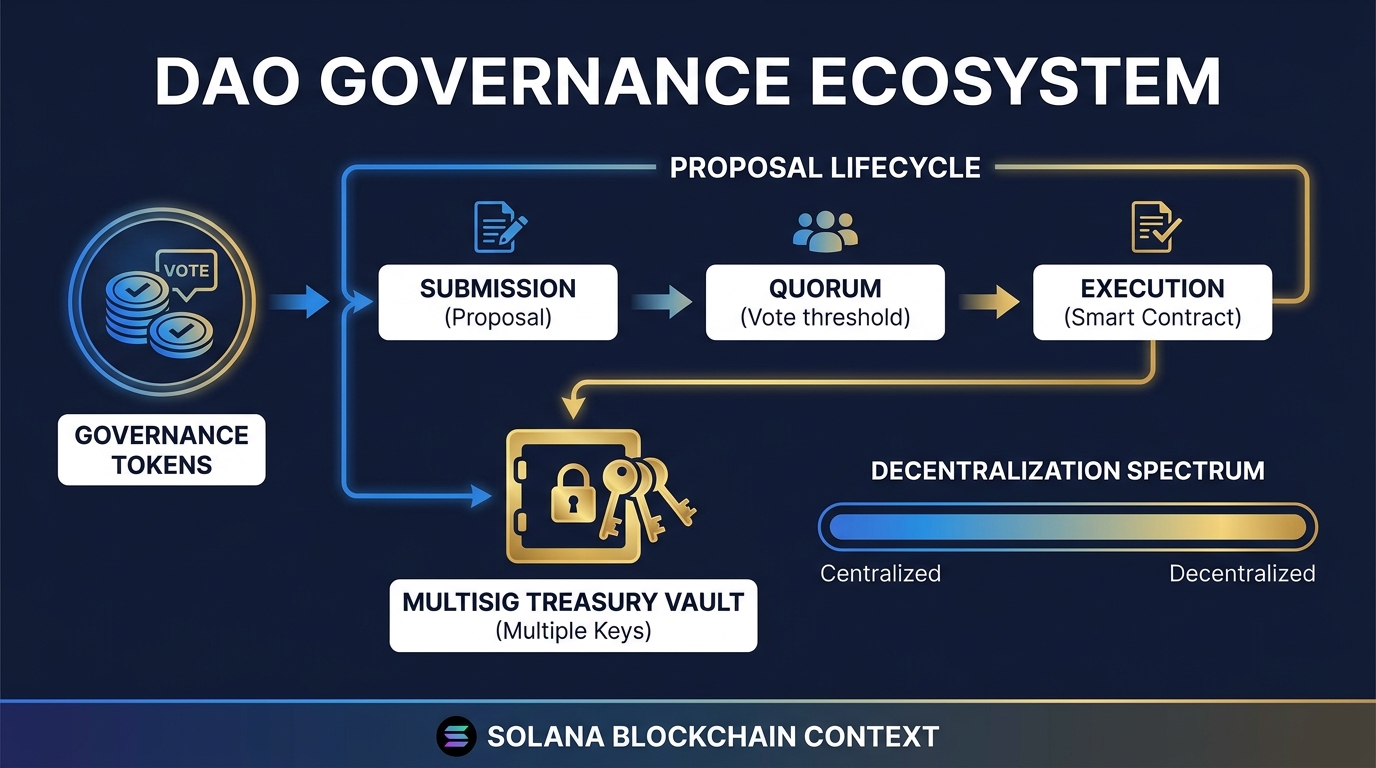 Illustrated explainer infographic showing the full DAO governance ecosystem — governance tokens, proposal lifecycle, multisig treasury, voting quorum, and decentralization spectrum on Solana