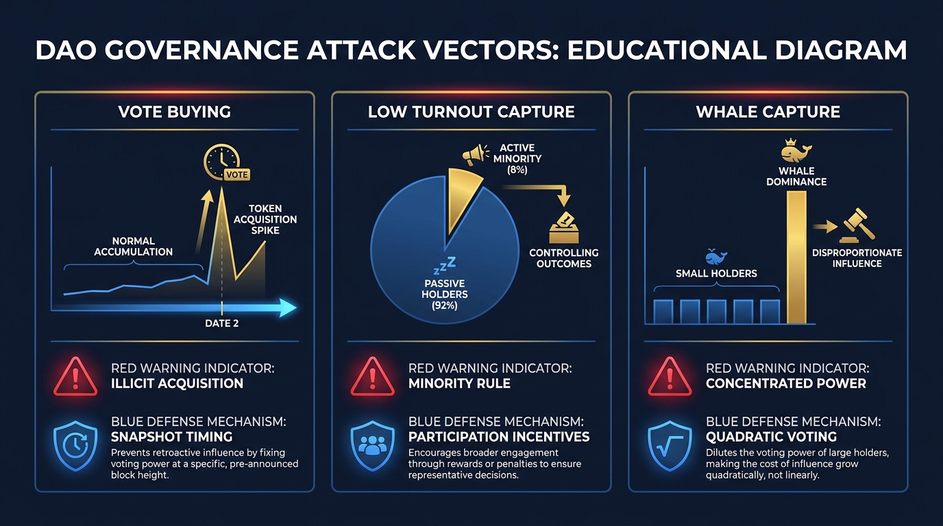 Three-panel diagram illustrating governance attack types — vote buying with token flash acquisition, low turnout capture with participation statistics, and whale capture with voting weight concentration — each with labeled defense mechanisms