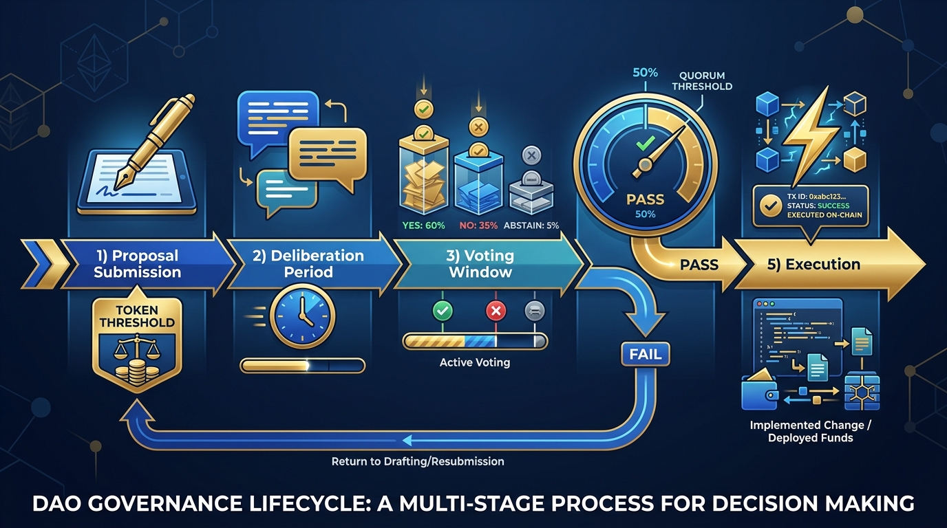 Flowchart showing the five stages of DAO governance lifecycle — proposal submission, deliberation period, voting window, quorum check, and execution — with decision branches for pass/fail outcomes
