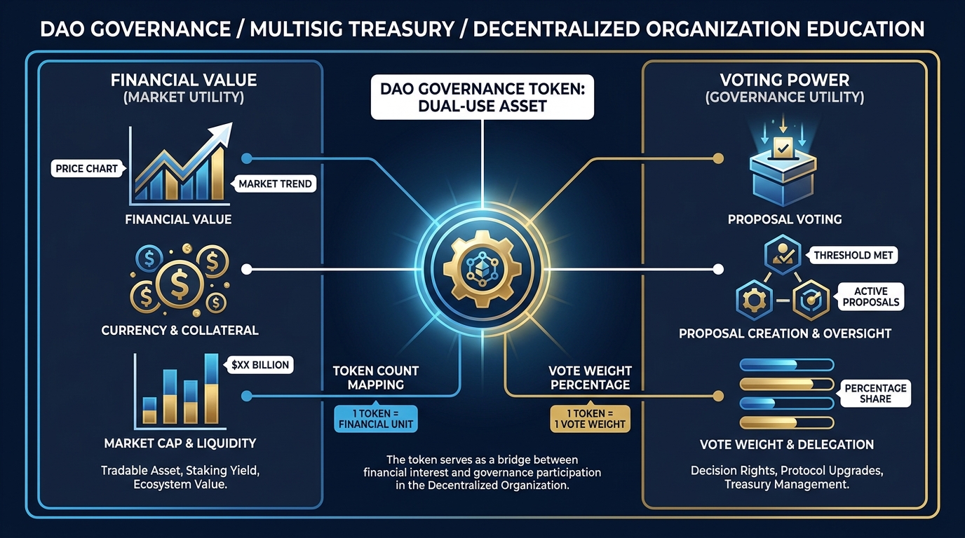 Diagram showing governance token as dual-use asset — financial value on the left, voting power on the right — with examples of both types of rights and how token count maps to proposal submission thresholds and vote weight