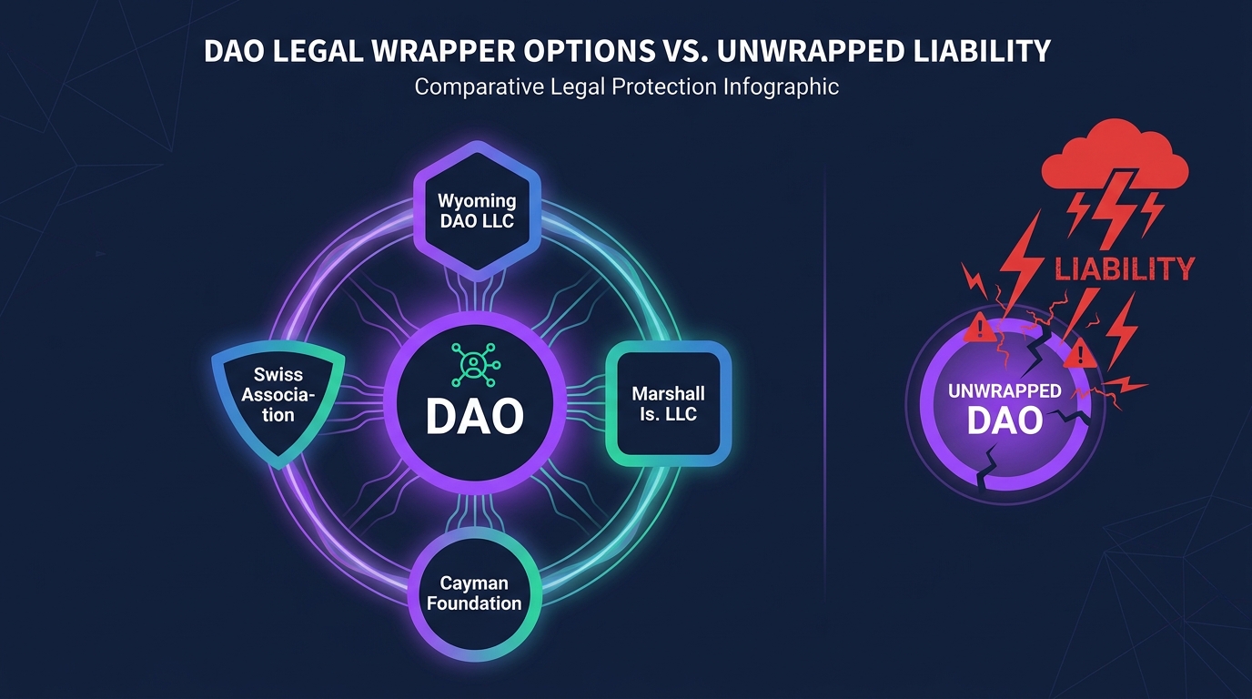 Comparison diagram of four DAO legal wrappers — Wyoming DAO LLC, Marshall Islands DAO LLC, Cayman Islands foundation company, and Swiss association — showing what each provides, with an unwrapped DAO at the left labeled as a general partnership with member liability