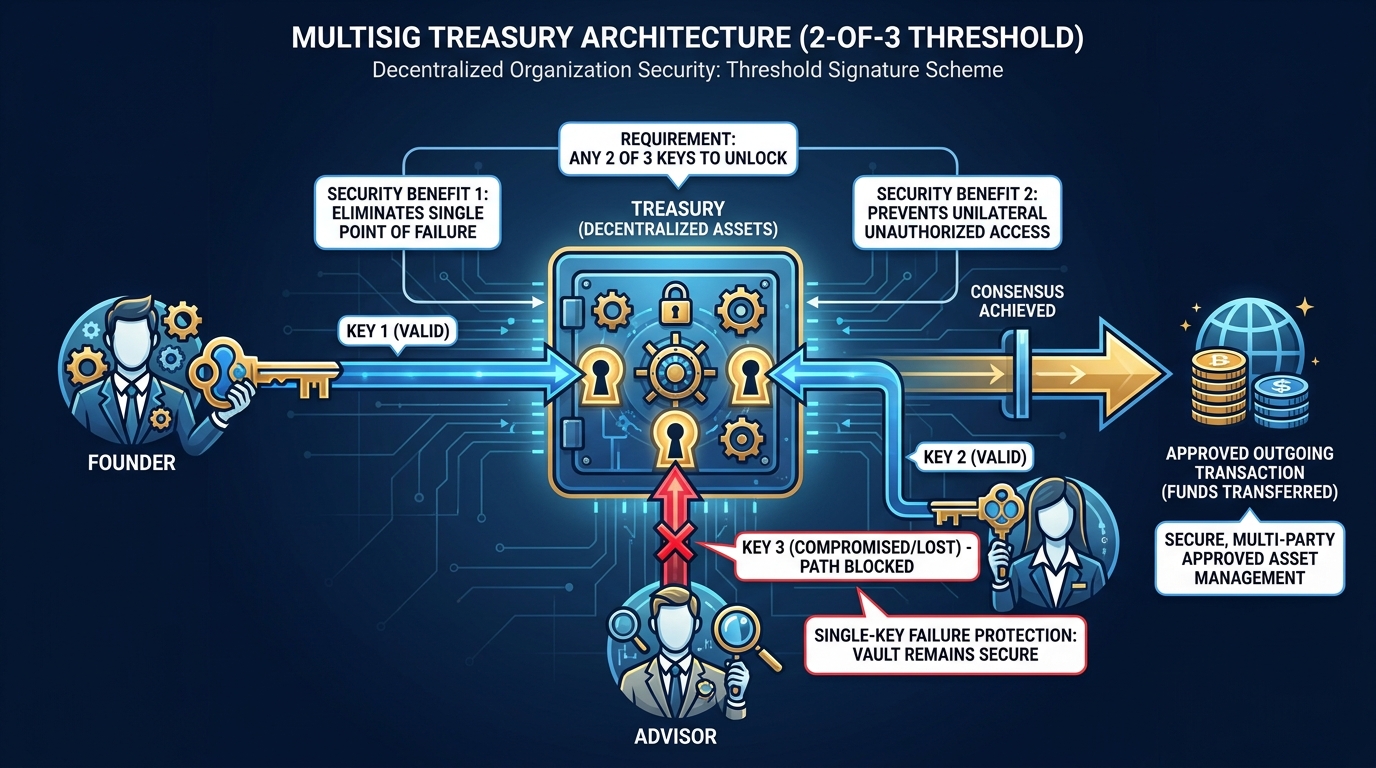 Diagram showing 2-of-3 multisig wallet structure with three signers — founder, co-founder, advisor — each holding a key, and the vault requiring any two keys to approve a transaction