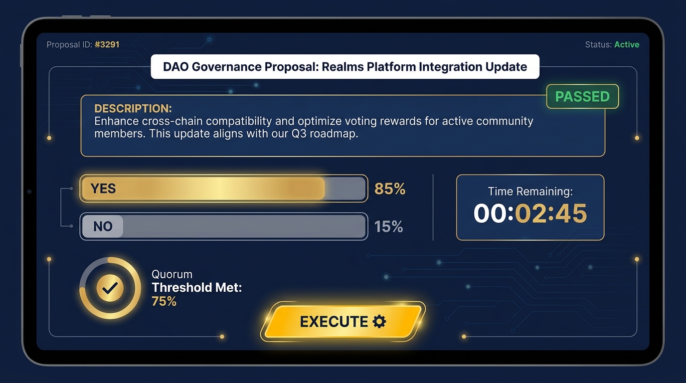 Screenshot-style mockup of a Realms governance proposal interface showing proposal title, description, vote counts with yes/no bars, time remaining, quorum indicator, and execute button for a passed proposal