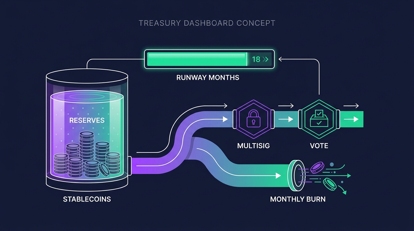 Treasury management diagram showing a vault split between stablecoins and native token, with runway calculated as stable assets divided by monthly burn, a spending-policy threshold ladder from multisig approval to governance vote, and a scheduled diversification timeline