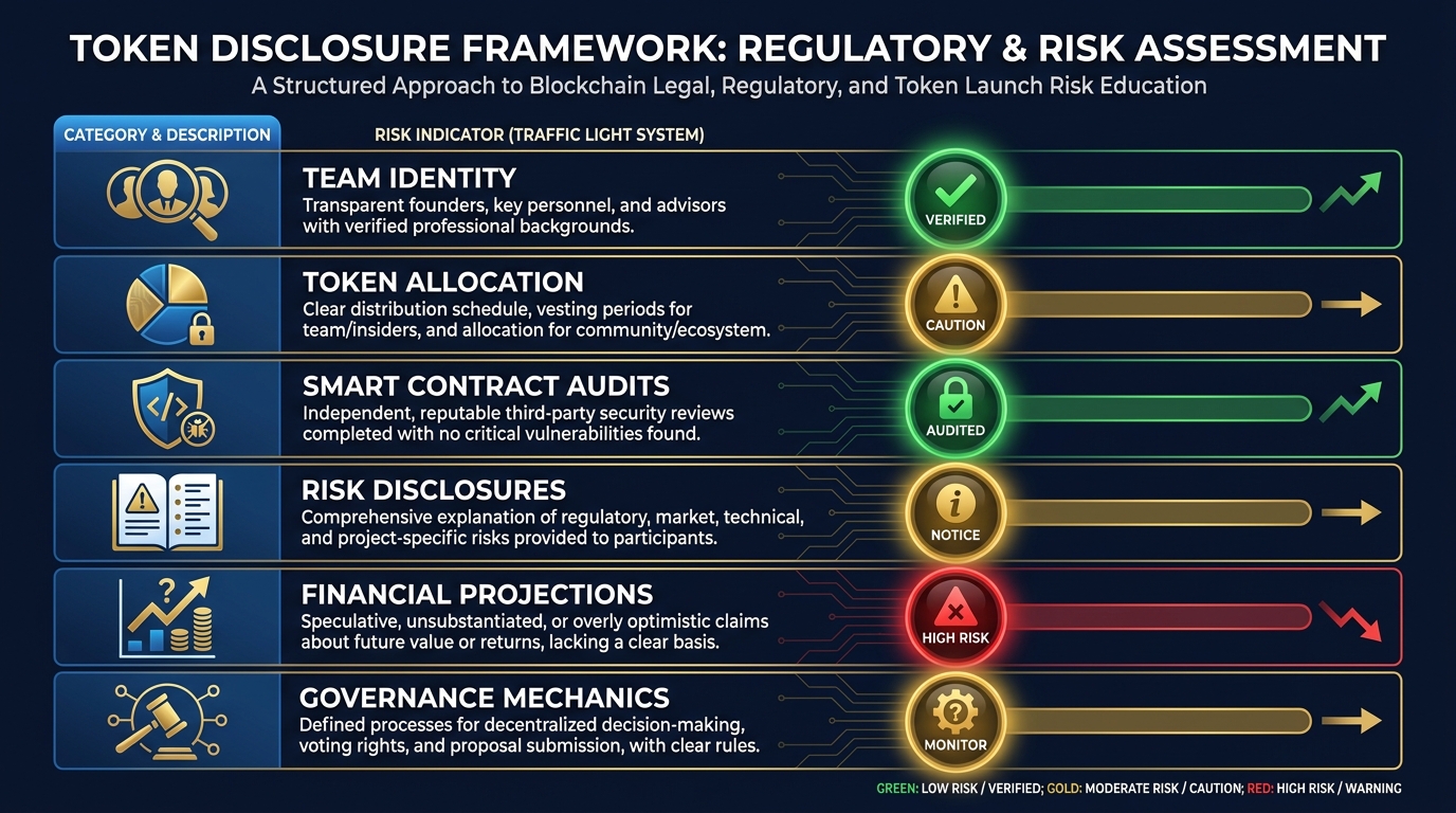 Disclosure framework diagram showing six disclosure categories — team identity, token allocation, risks, smart contract audits, governance mechanics, and financial projections — with traffic light risk ratings for each