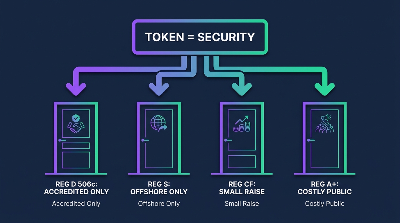 Decision map of U.S. securities exemptions for token sales — Regulation D 506(c) for accredited investors with general solicitation, Regulation S for offshore buyers, Regulation Crowdfunding for small public raises via a portal, and Regulation A+ for larger qualified public raises — each mapped to the Token-2022 extensions that enforce its transfer restrictions on-chain