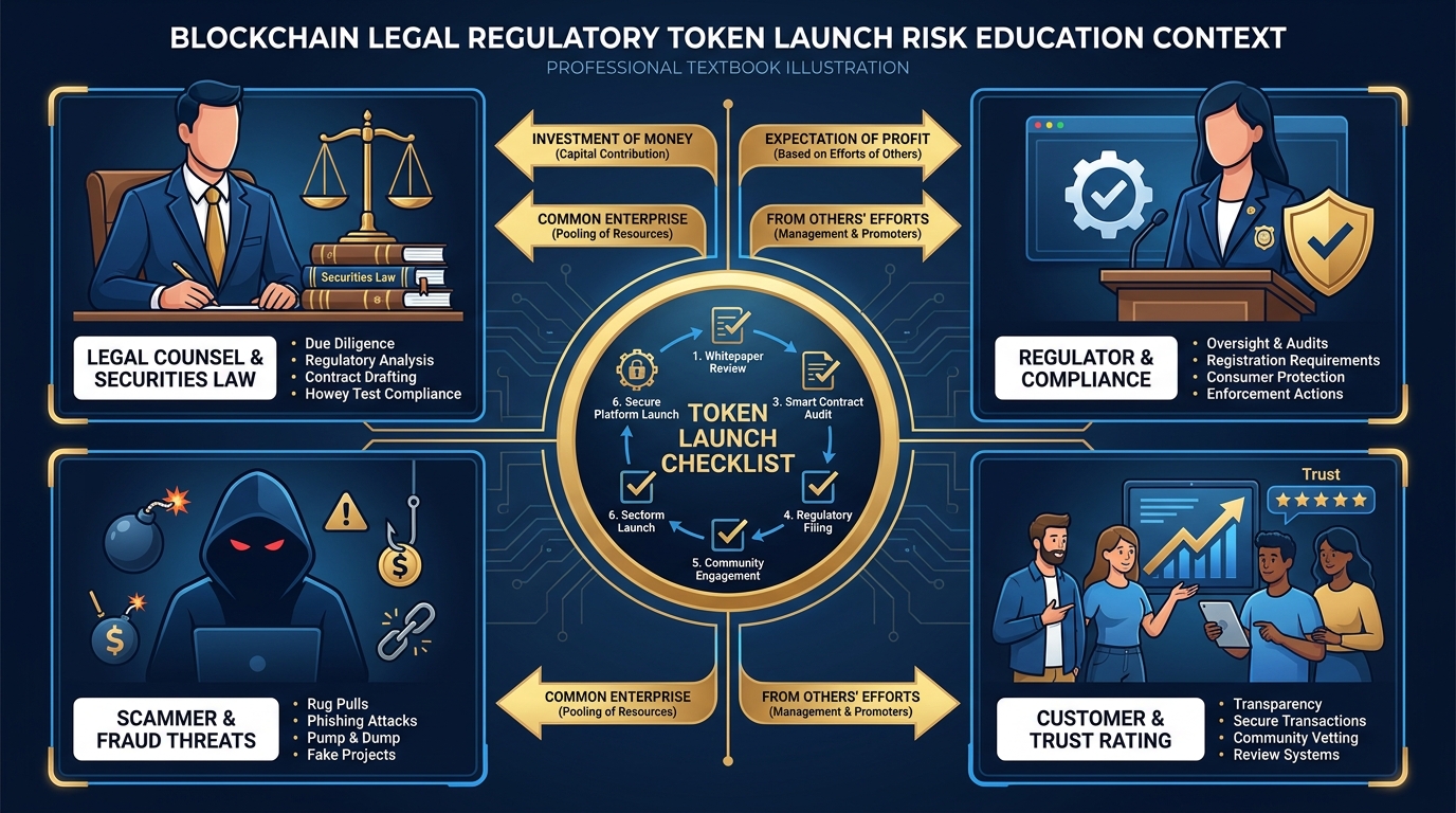 Illustrated explainer infographic showing the four stakeholders of a token economy — lawyer (securities law), regulator (disclosure), scammer (threat landscape), customer (trust) — arranged around a central token launch checklist