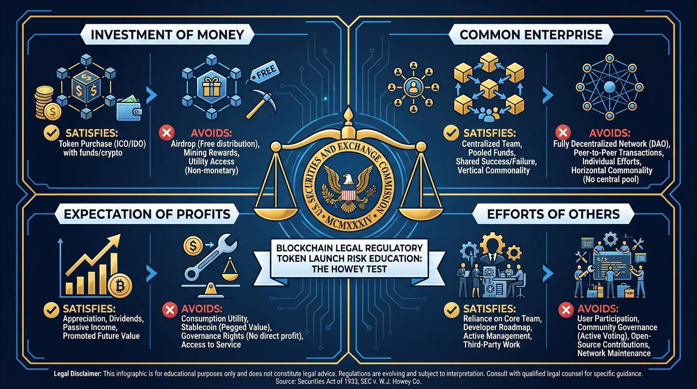Four-quadrant infographic of the Howey Test showing the four prongs — investment of money, common enterprise, expectation of profits, efforts of others — with blockchain token examples that satisfy or avoid each prong