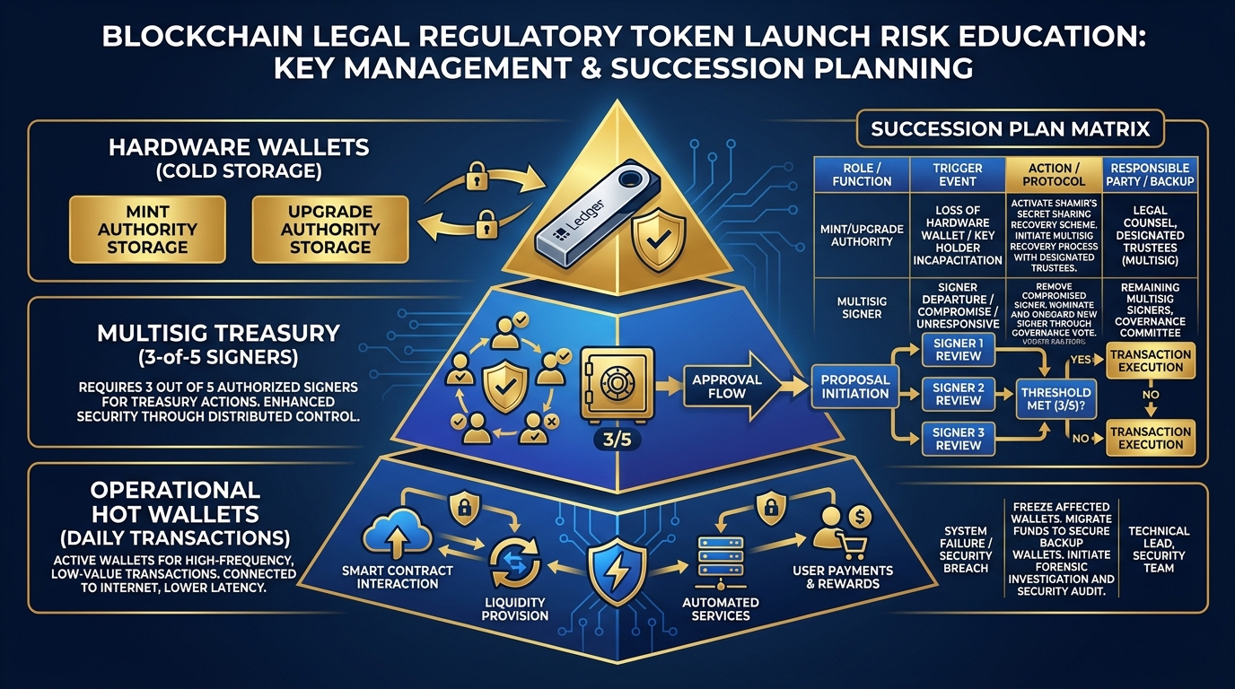Key management hierarchy diagram showing hardware wallets at the top, multisig treasury in the middle, and operational hot wallets at the bottom — with arrows showing which keys control which authorities and a succession plan matrix on the right