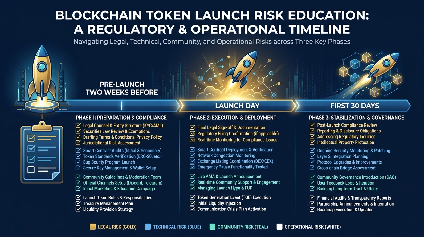 Launch checklist timeline graphic showing pre-launch, launch day, and first 30 days phases — with specific checklist items in each phase shown as checked boxes, color-coded by category: legal, technical, community, and operational