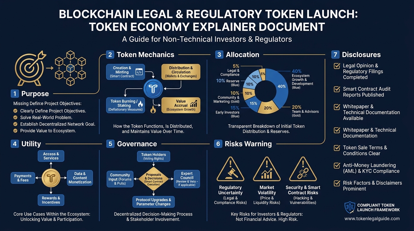Sample one-page token economy explainer document template showing seven sections — purpose, token mechanics, allocation, utility, governance, risks, and disclosures — formatted as a professional document suitable for investors and regulators