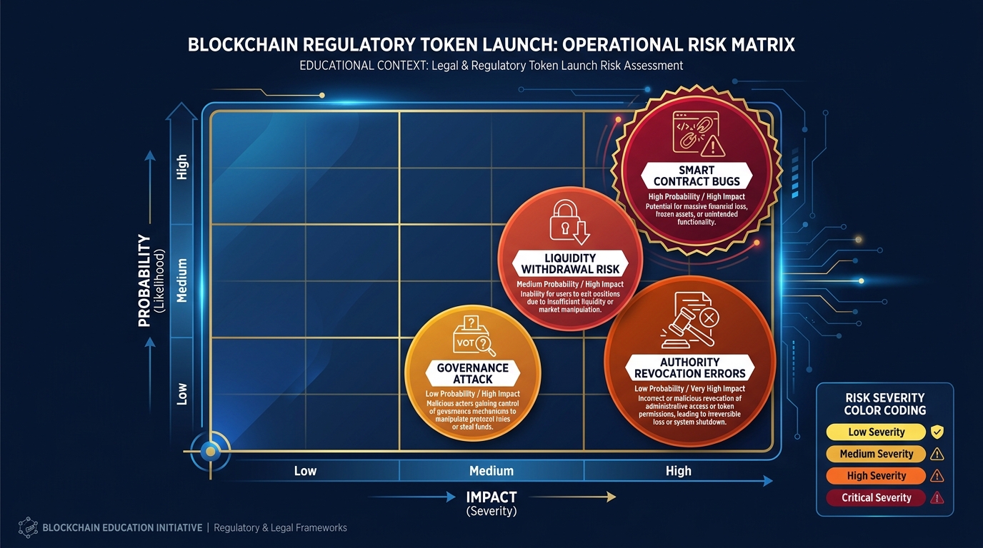 Operational risk matrix showing four risk categories — smart contract bugs, liquidity withdrawal risk, authority revocation decisions, and governance attack vectors — with probability ratings on the y-axis and impact ratings on the x-axis