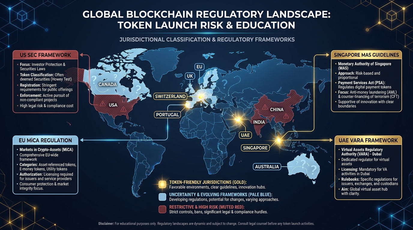 Global regulatory landscape map showing token-friendly jurisdictions in green, uncertain jurisdictions in yellow, and restrictive or hostile jurisdictions in red — with inset callouts showing specific regulations in the US, EU, Singapore, and UAE
