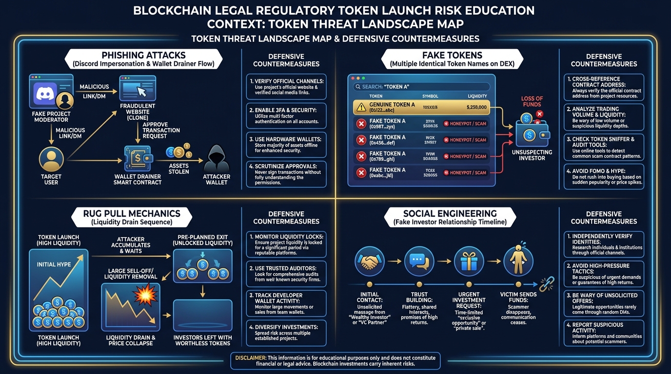 Threat landscape map organized into four threat categories — phishing attacks, fake token creation, rug pull mechanics, and social engineering — with examples of each and defensive countermeasures shown in a paired column